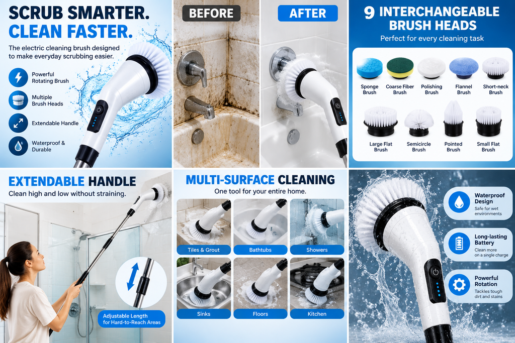 ScrubNova premium product collage showing hero, before-and-after, brush heads, extended handle, and waterproof cleaning use