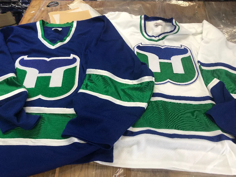 Men's Breathable Polyester Running Jerseys in Bright Neon Colors for High - Visibility WorkoutsWhite and Blue Hockey Jerseys with the Whalers Embroidered Twill Logo