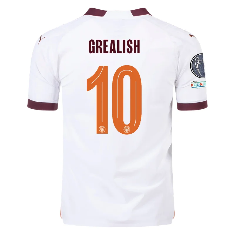 Men's Retro Soccer Jerseys of Famous Clubs from the 90s for Nostalgic Football EnthusiastsPuma Manchester City Authentic Jack Grealish Away Jersey w/ Champions League + Club World Cup Patches 23/24 (Puma White/Aubergine)