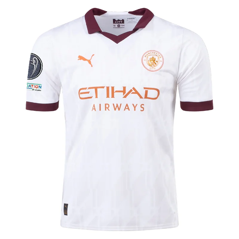 Men's Football Jerseys with Embroidered Club Badges for a Premium and Authentic AppealPuma Manchester City Away Jersey w/ Champions League Patches 23/24 (Puma White/Aubergine)