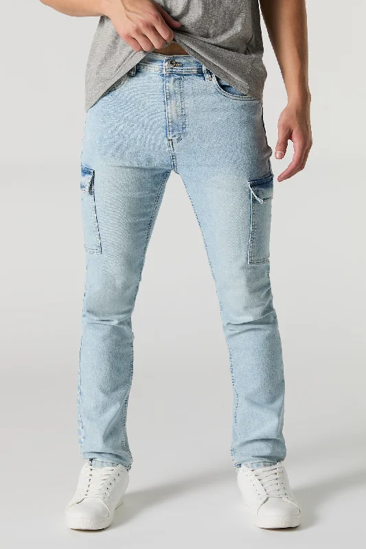 Men's Distressed Jeans with Patches for a Retro and DIY - Inspired AppearanceStacked Skinny Cargo Jean