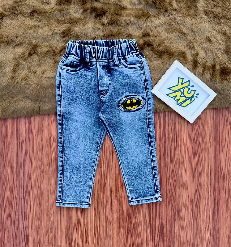 Men's High - Waisted Jeans in a Medium Wash for a Vintage - Style RevivalBoys Batman Jeans with Round Elastic