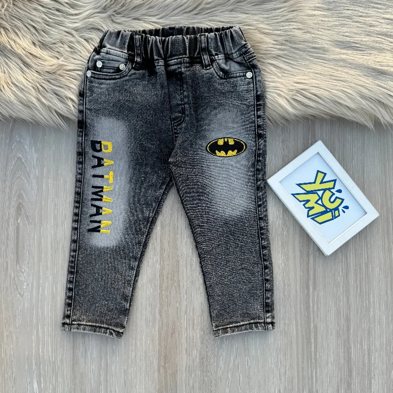 Men's Jeans with a Button - Fly for a Traditional and Classic AestheticBoys Black Batman Jeans - Easy Fit Round Elastic Waist