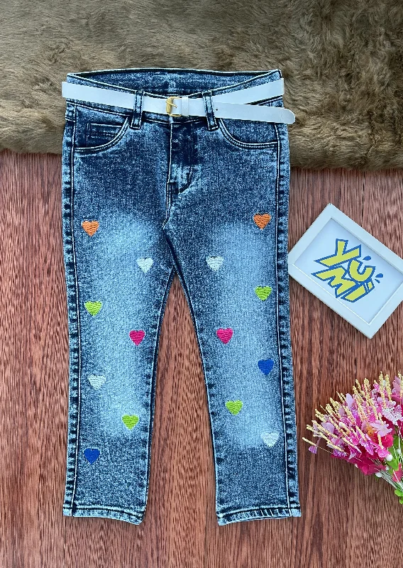 Men's Jeans with a Cargo - Inspired Knee Pocket for Extra StorageGirls'  Blue Jeans with Colorful Heart Embroidery