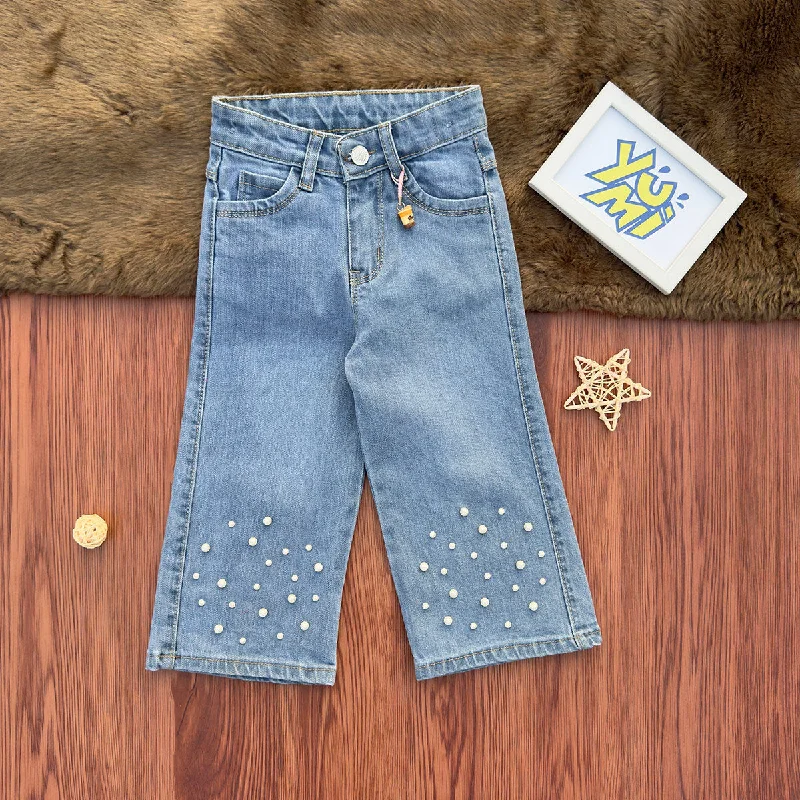 Men's Jeans with a Zip - Off Lower Leg for Convertible StyleGirls' Sky blue Wide Leg Jeans with Pearl Embellishments