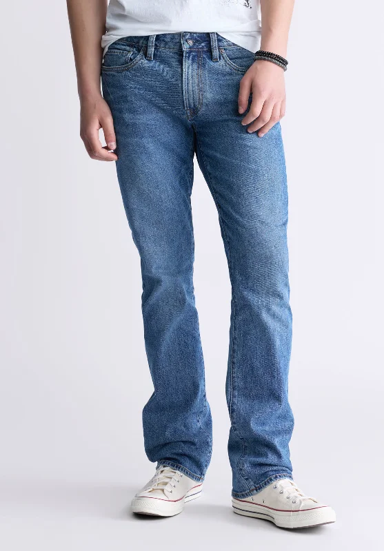 Men's Jeans with a Cargo - Inspired Knee Pocket for Extra StorageSlim Boot King Men's Jeans, Creased and Sanded Indigo - BM26033