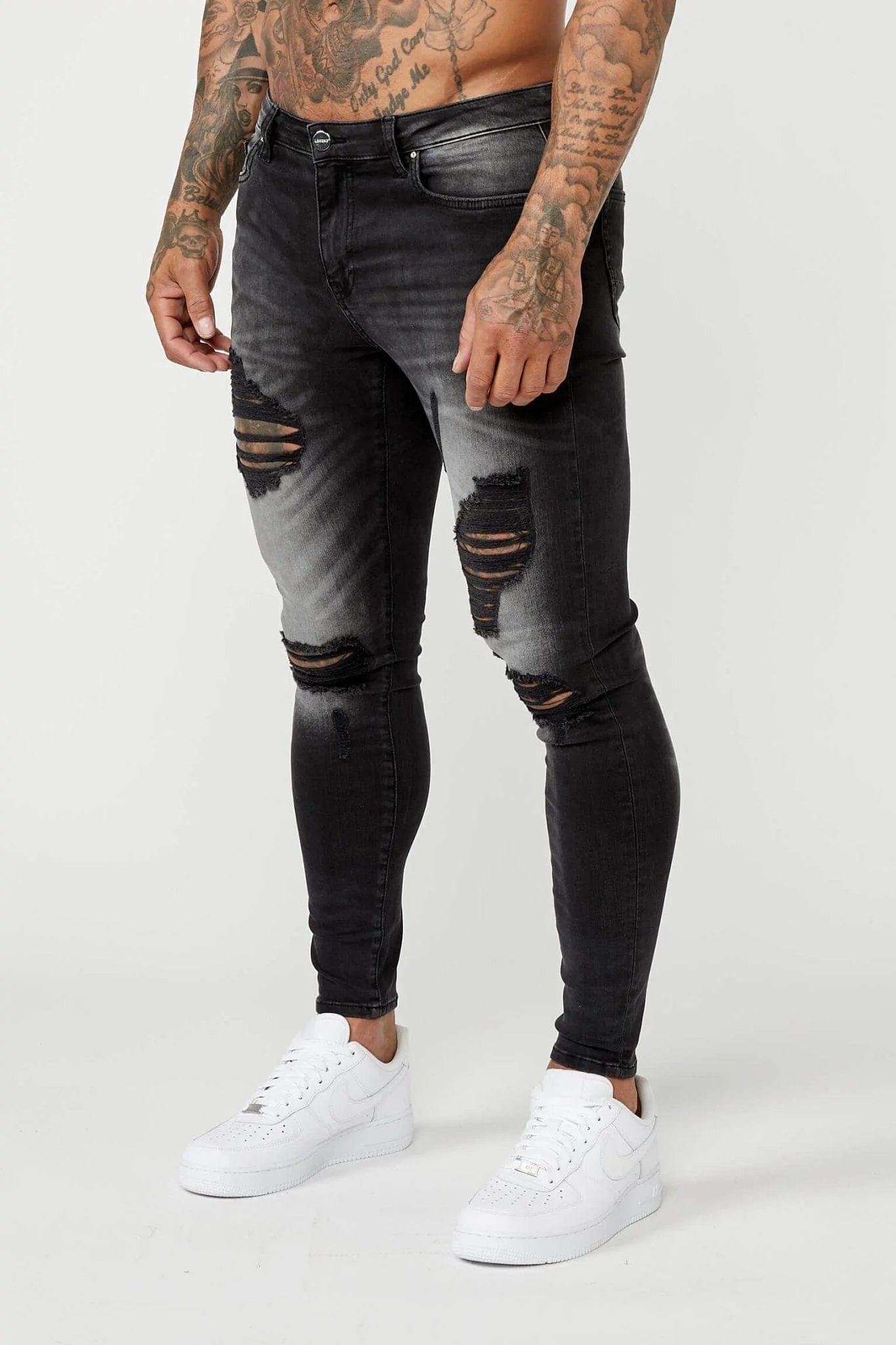 Men's High - Waisted Jeans in a Medium Wash for a Vintage - Style RevivalPREMIUM SKINNY FIT JEANS RIPPED & REPAIRED - GREY WASHED