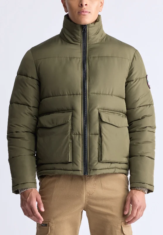 Men's Jeans with a Cargo - Inspired Knee Pocket for Extra StorageNate Men’s Zip-up Puffer Jacket with Large Front Pockets, Army green - OBMFE001