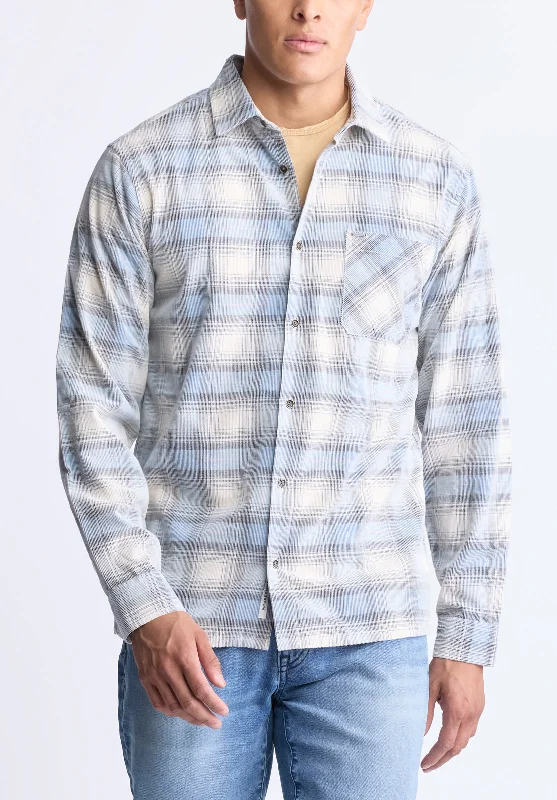 Men's Straight Leg Raw Denim Jeans for a Minimalist and Durable OptionSatro Men's Plaid Button-Up Shirt, Blue - BM24498