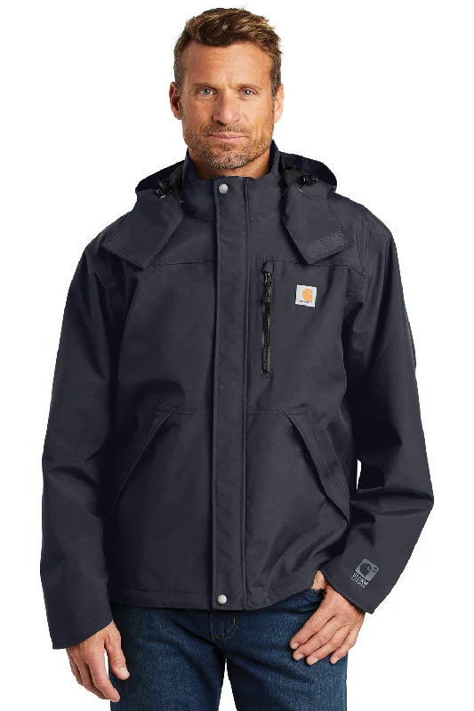 Men jackets with a built - in hood that can be stowed away when not in useWaterproof men jackets with taped seams for heavy rain protectionCarhartt Mens Shoreline Waterproof Full Zip Hooded Jacket - Navy Blue