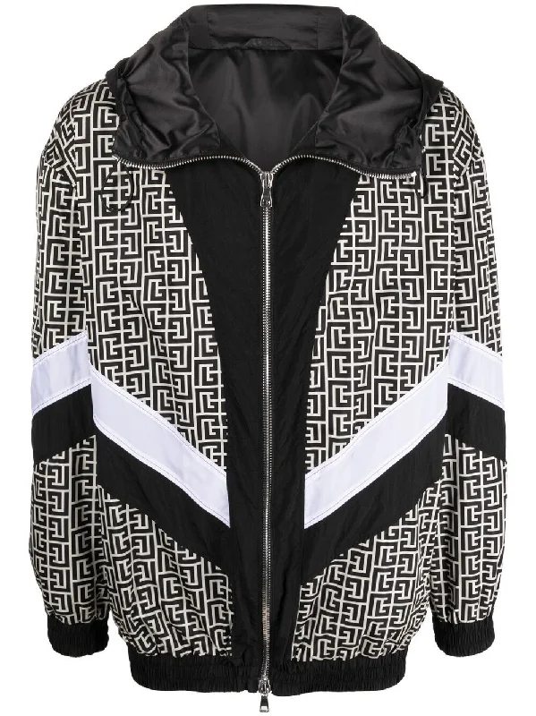 Men jackets with a built - in hood that can be stowed away when not in usePerformance - driven men jackets with breathable fabric for sportsMonogram-Print Hooded Bomber Jacket