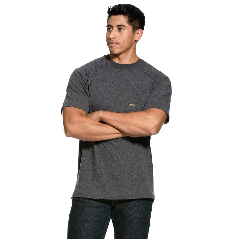 Men's long - sleeve henley t - shirts with button - down placketsAriat Men's Rebar CottonStrong T-Shirt_Charcoal Heather