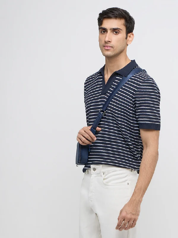 Men's jacquard woven polo shirts with intricate designsAscot Navy Stripe Printed Relaxed-Fit Polo T-Shirt