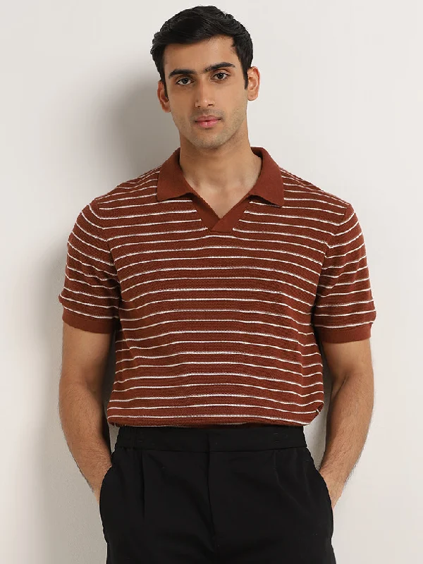 Men's two - tone stripe polo shirts with a preppy styleAscot Rust Striped Textured Relaxed-Fit Polo Cotton T-Shirt