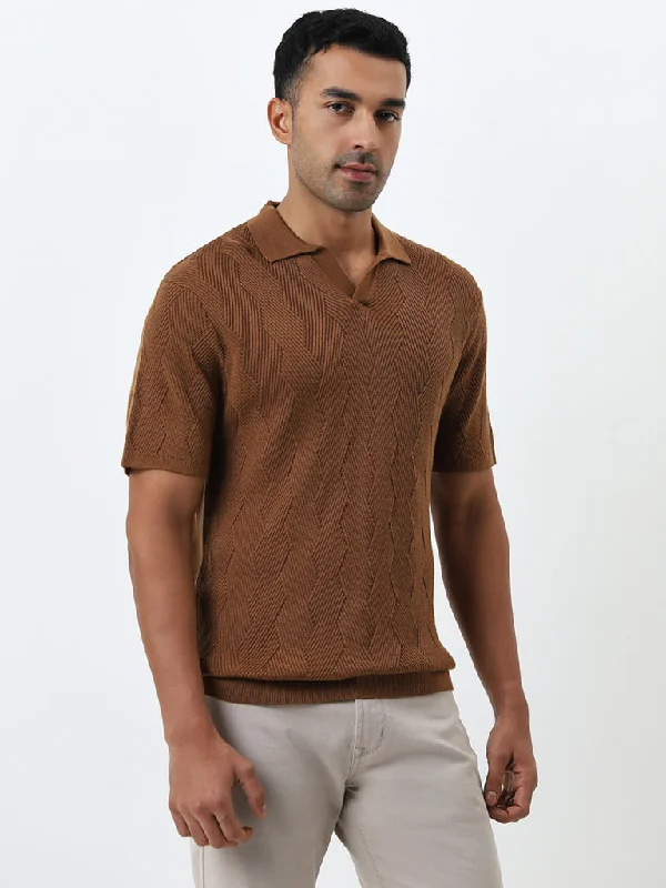 Men's two - tone stripe polo shirts with a preppy styleAscot Tan Knit-Textured Relaxed-Fit Polo T-Shirt