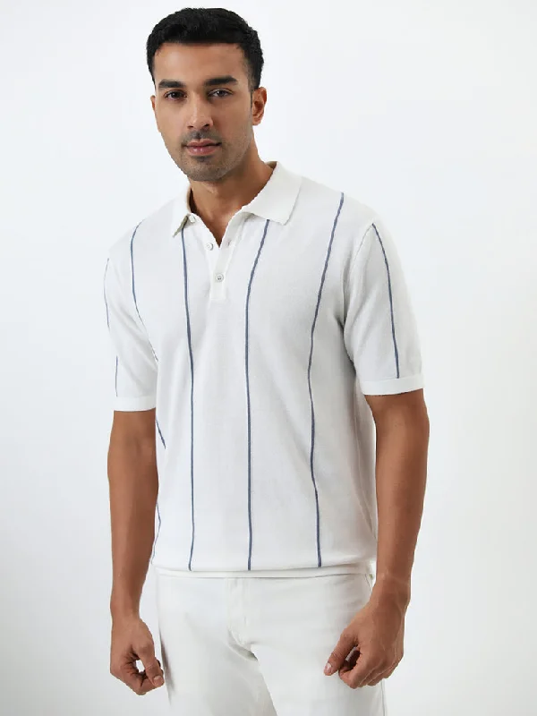 Men's formal - style silk blend polo shirts for special occasionsAscot White Stripe Pattern Relaxed-Fit Cotton Polo T-Shirt