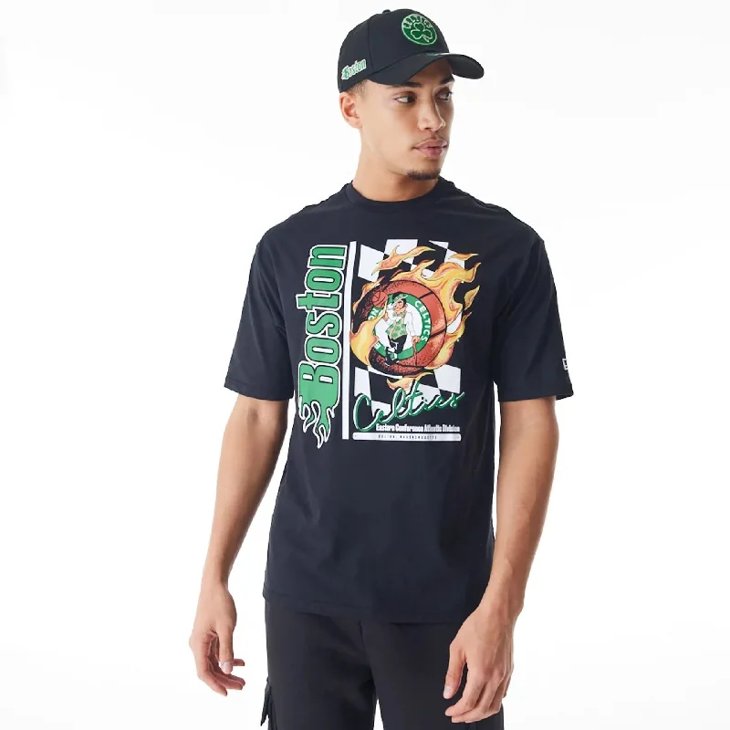 Men's ribbed t - shirts with a textured finish for added styleBoston Celtics NBA Flame Print Black Oversized T-Shirt