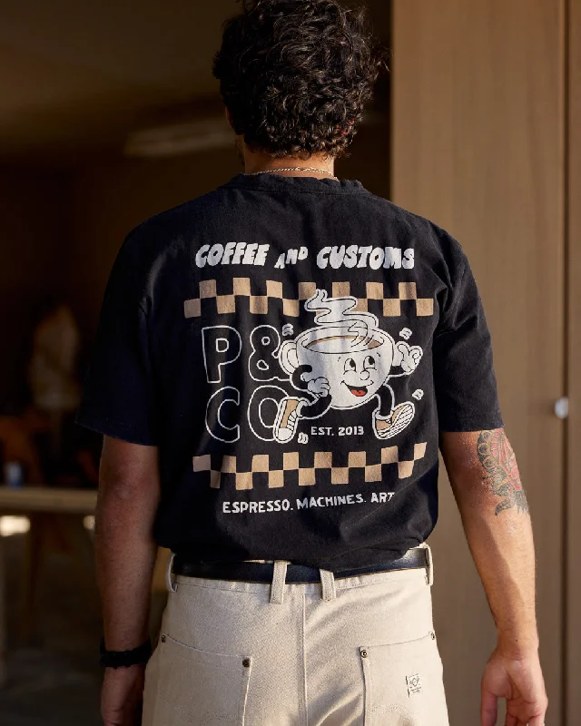 Men's slim - fit graphic t - shirts with vintage rock band printsCoffee & Customs T-Shirt - Heavy Washed Black