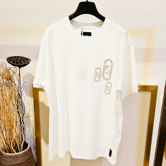 Men's formal - style silk blend polo shirts for special occasionsFE - Men 'White' Embellished With Chain Fendi O’Lock Motif Oversized T-Shirt FE798