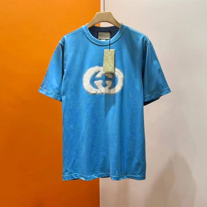 Men's two - tone stripe polo shirts with a preppy styleGU - Men 'Deep Sky Blue' Gucci Logo Printed Oversized T-Shirt GU805