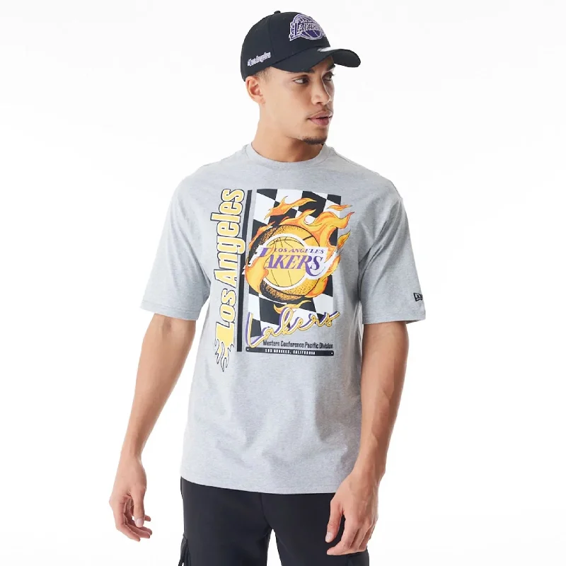 Men's mock - neck t - shirts with a modern and sleek styleLA Lakers NBA Flame Print Grey Oversized T-Shirt