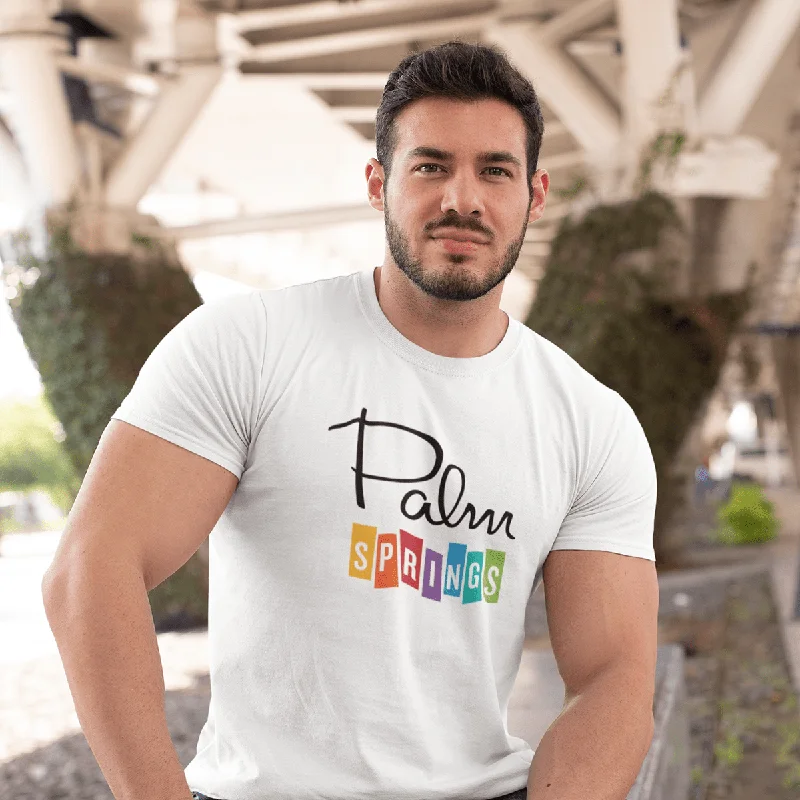 Men's polo t - shirts with a contrast collar for a preppy lookUnisex T-shirt - Palm Springs Rainbow - White