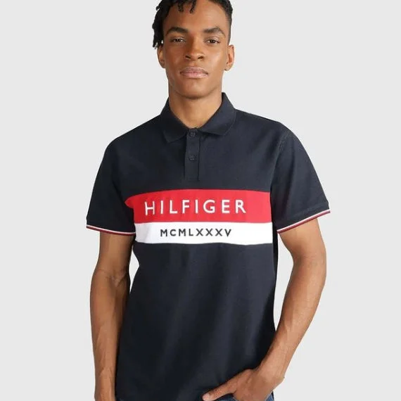 Men's stretchable athletic polo shirts for fitness workoutsTM - Men 'Dark Blue' Hilfiger Embroidered Logo Polo TM885