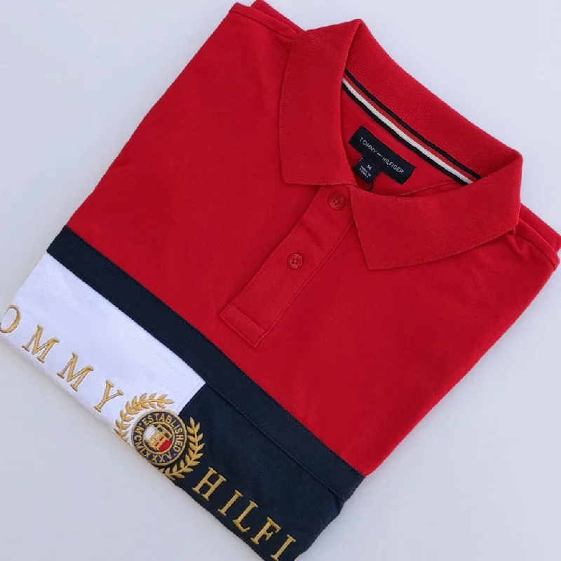 Men's luxury cashmere blend polo shirts in solid colorsTM - Men 'Red' Iconic Chest Flag Polo TM898