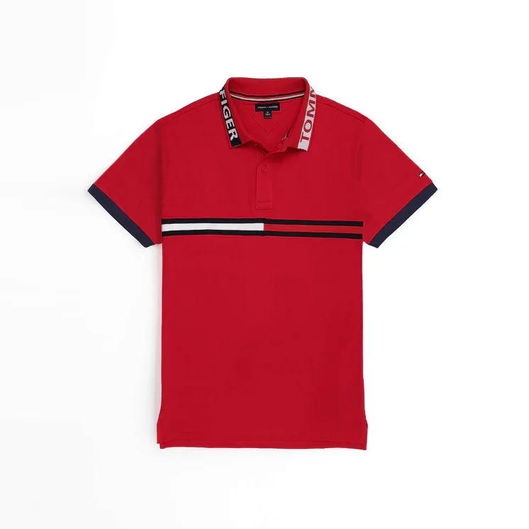 Men's two - tone stripe polo shirts with a preppy styleTM - Men 'Red' Tommy Jacquard Collar Polo TM883