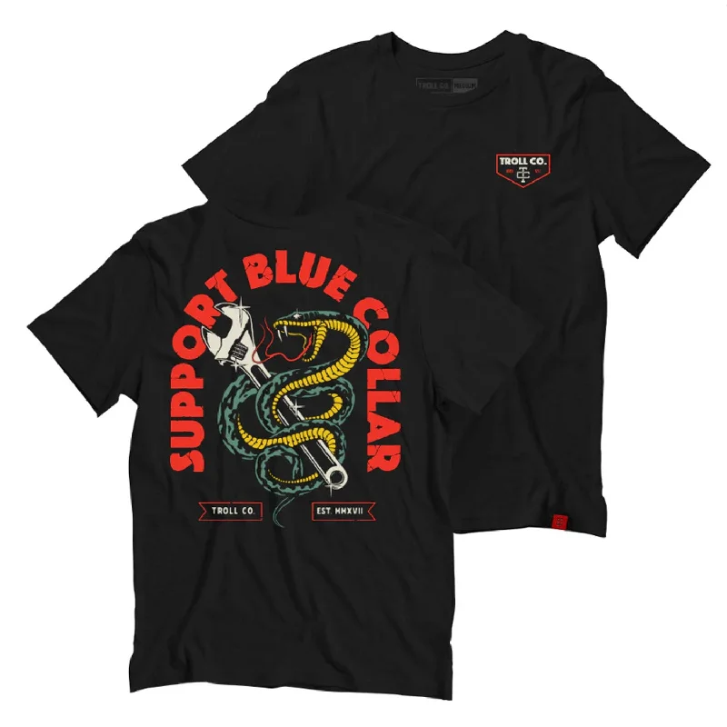 Men's v - neck muscle t - shirts for a body - building aestheticTroll Co. Men's Serpent "Support Blue Collar" Graphic T-Shirt