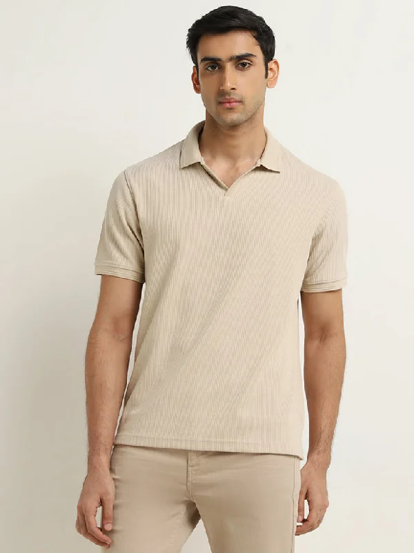 Men's jacquard woven polo shirts with intricate designsWES Casuals Beige Knitted Relaxed-Fit Cotton Polo T-Shirt