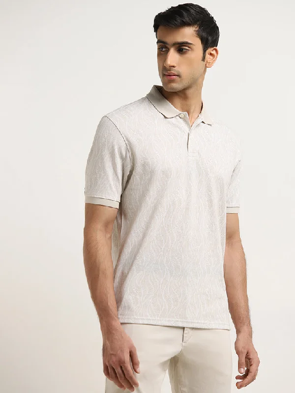 Men's formal - style silk blend polo shirts for special occasionsWES Casuals Beige Leaf Design Relaxed-Fit Polo T-Shirt