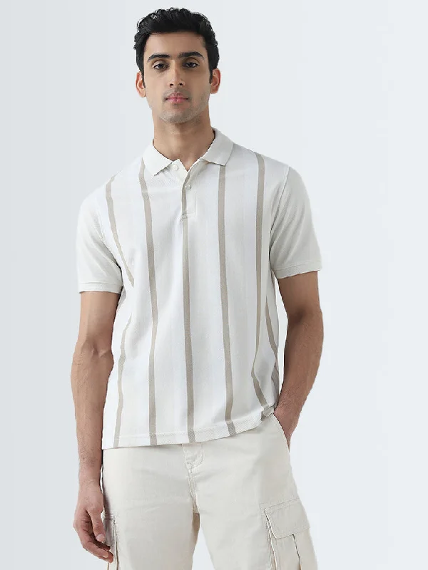 Men's ribbed cuffs and hem polo shirts for a textured lookWES Casuals Beige Stripe Printed Relaxed-Fit Polo T-Shirt