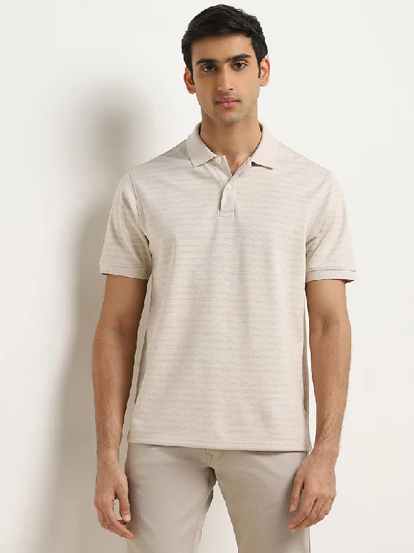 Men's ribbed cuffs and hem polo shirts for a textured lookWES Casuals Beige Striped Relaxed-Fit Polo T-Shirt