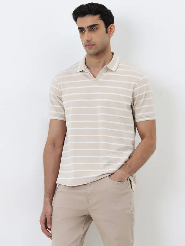 Men's two - tone stripe polo shirts with a preppy styleWES Casuals Beige Striped Relaxed-Fit Polo T-Shirt