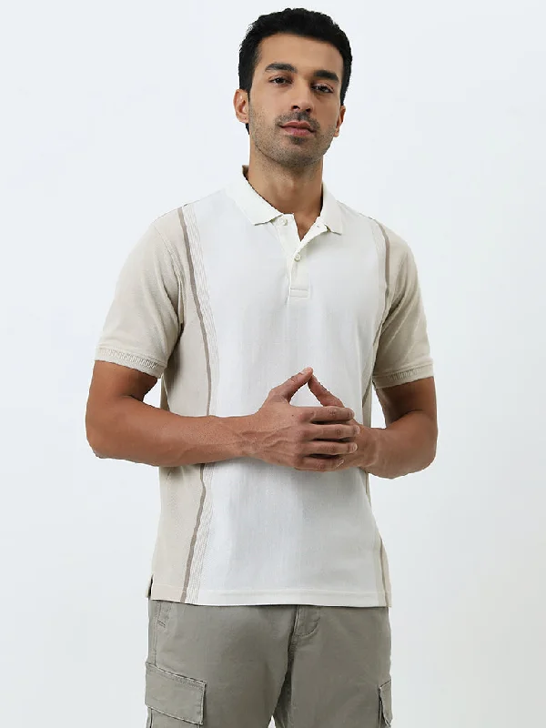 Men's high - collar polo shirts with a modern twistWES Casuals Beige Striped Relaxed-Fit Polo T-Shirt