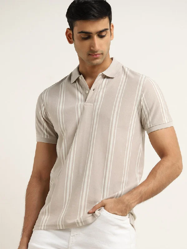 Men's quick - dry polo shirts for water sports activitiesWES Casuals Beige Striped Slim-Fit Polo T-Shirt