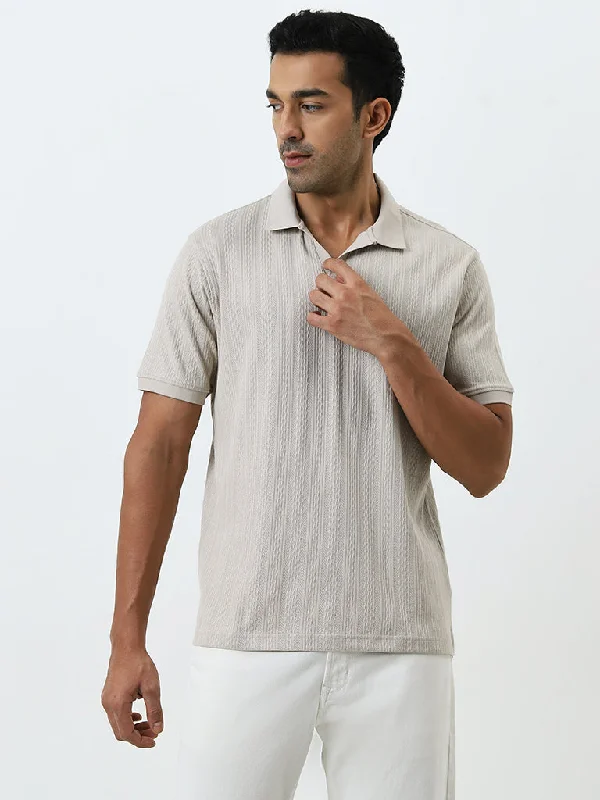 Men's ribbed cuffs and hem polo shirts for a textured lookWES Casuals Beige Textured Relaxed-Fit Cotton Polo T-Shirt