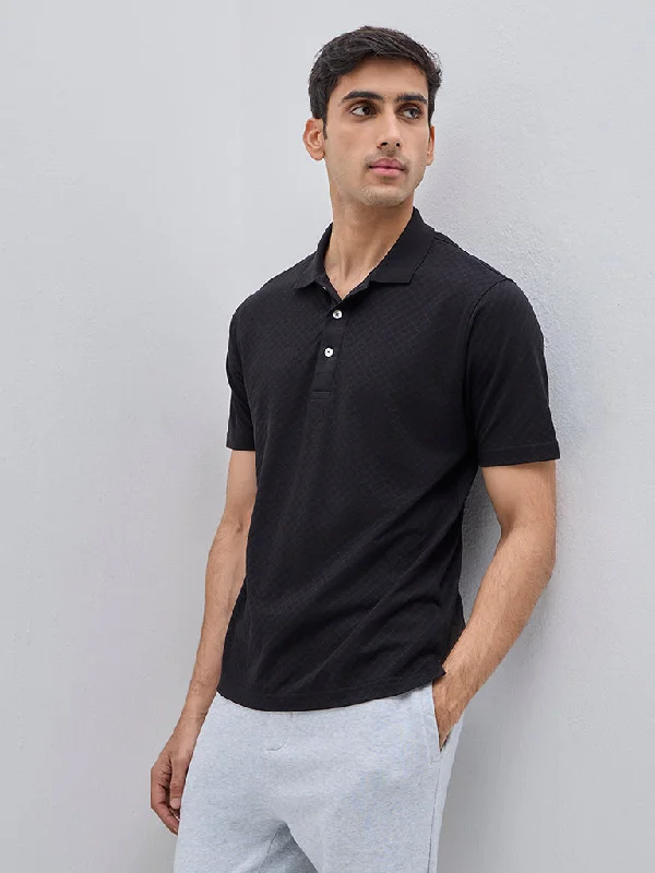 Men's vintage - inspired retro polo shirts with unique patternsWES Casuals Black Self-Patterned Relaxed-Fit Cotton Polo T-Shirt