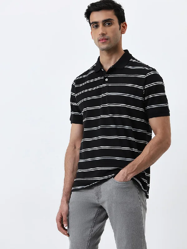 Men's jacquard woven polo shirts with intricate designsWES Casuals Black Striped Relaxed-Fit Polo T-Shirt