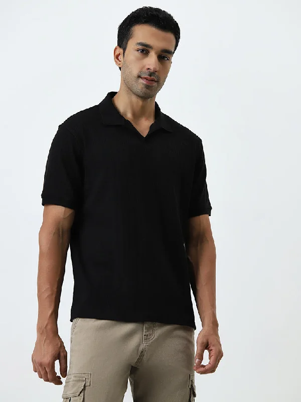 Men's button - down spread collar polo shirts for business casualWES Casuals Black Textured Relaxed-Fit Cotton Polo T-Shirt