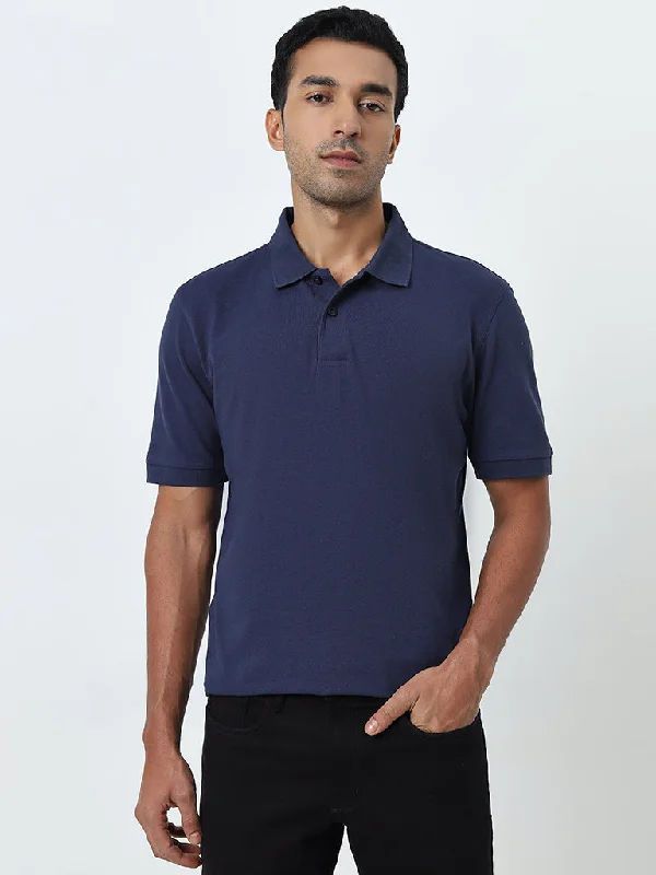 Men's button - down spread collar polo shirts for business casualWES Casuals Blue Relaxed-Fit Cotton Blend Polo T-Shirt