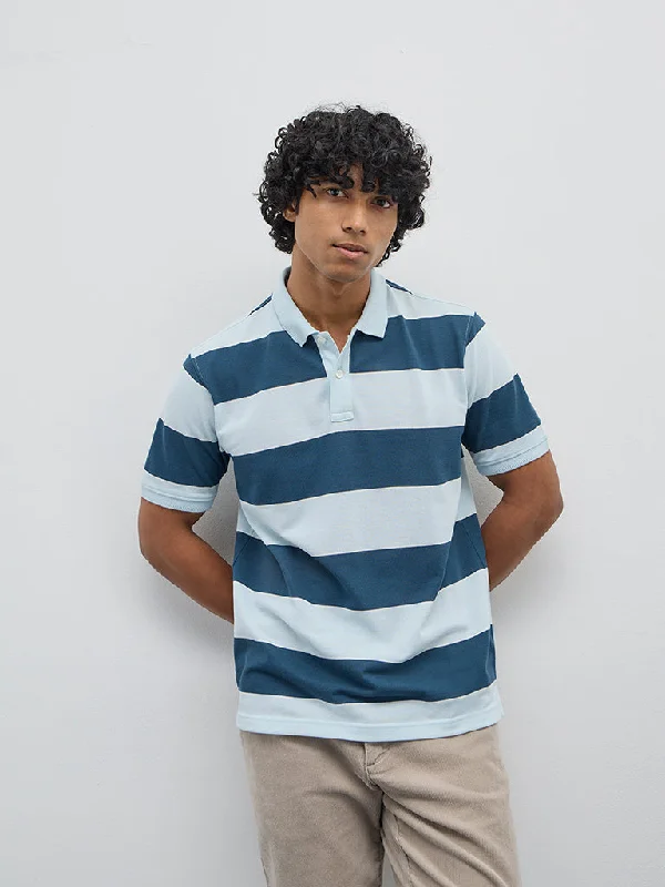 Men's slim fit short sleeve polo shirts with contrast collarsWES Casuals Blue Striped Relaxed-Fit Polo T-Shirt