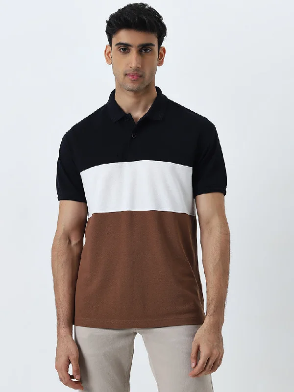 Men's slim fit short sleeve polo shirts with contrast collarsWES Casuals Brown Colour-Blocked Relaxed-Fit Polo T-Shirt