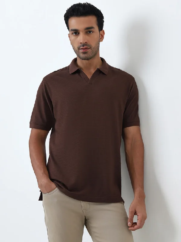 Men's formal - style silk blend polo shirts for special occasionsWES Casuals Brown Self-Striped Relaxed-Fit Polo T-Shirt