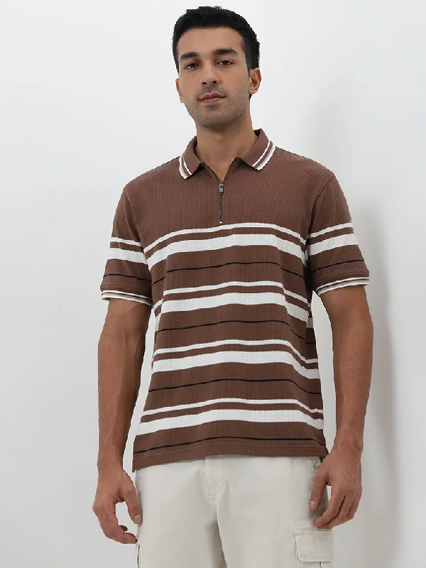 Men's antimicrobial polo shirts for odor - free daily wearWES Casuals Brown Striped Relaxed-Fit Polo T-Shirt