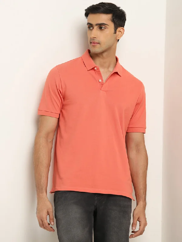 Men's slim fit short sleeve polo shirts with contrast collarsWES Casuals Coral Solid Relaxed Fit Polo T-Shirt