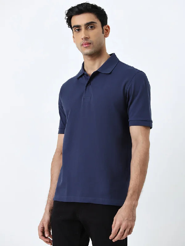 Men's two - tone stripe polo shirts with a preppy styleWES Casuals Dark Blue Relaxed-Fit Cotton Blend Polo T-Shirt