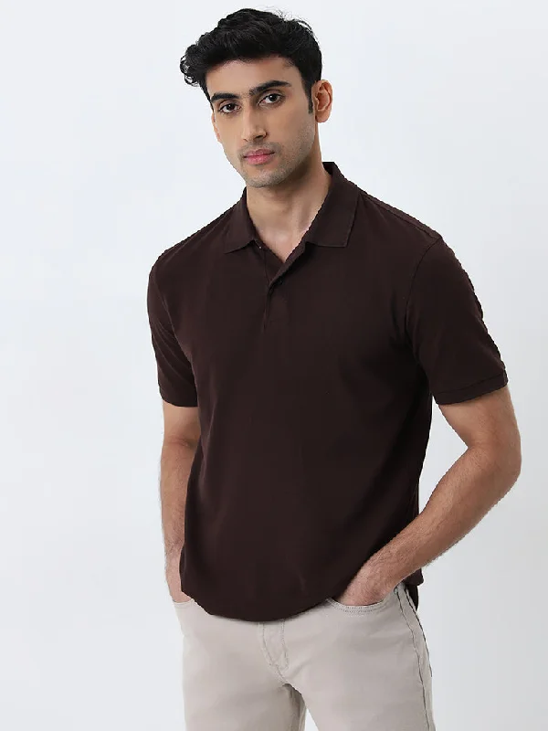 Men's UV - protected polo shirts for outdoor gardeningWES Casuals Dark Brown Slim-Fit Cotton Blend Polo T-Shirt