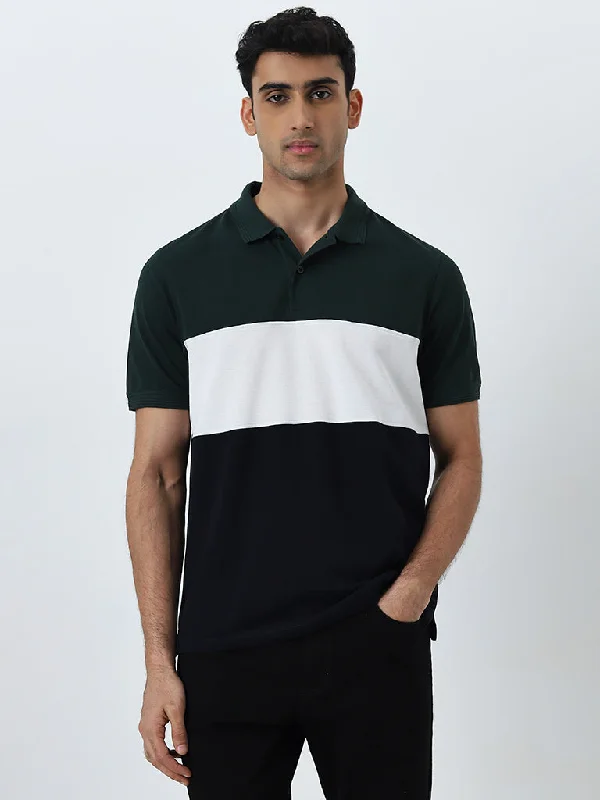 Men's color - block polo shirts with a bold fashion statementWES Casuals Dark Green Colour-Blocked Relaxed-Fit Polo T-Shirt